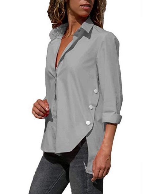 Solid Color Shirts Long Sleeve Irregular Slit Button Design Wholesal Blouse Business Casual
