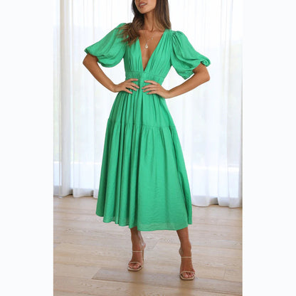 Solid Color Sexy Deep V-Neck Puff Sleeve Mid-Length Fashion Dress Wholesale Dresses