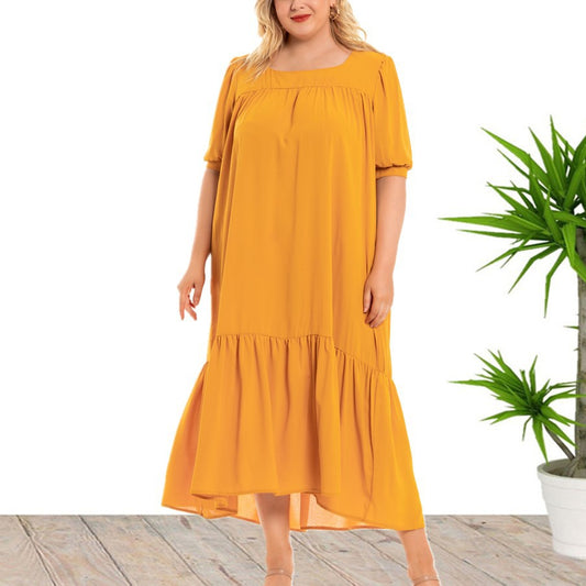 Wholesale Women'S Plus Size Clothing Square Neck Solid Color Short Sleeve Loose Dress