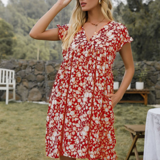 V-Neck Floral Print Short Sleeve Loose Casual Dress With Pocket Summer Wholesale Dresses