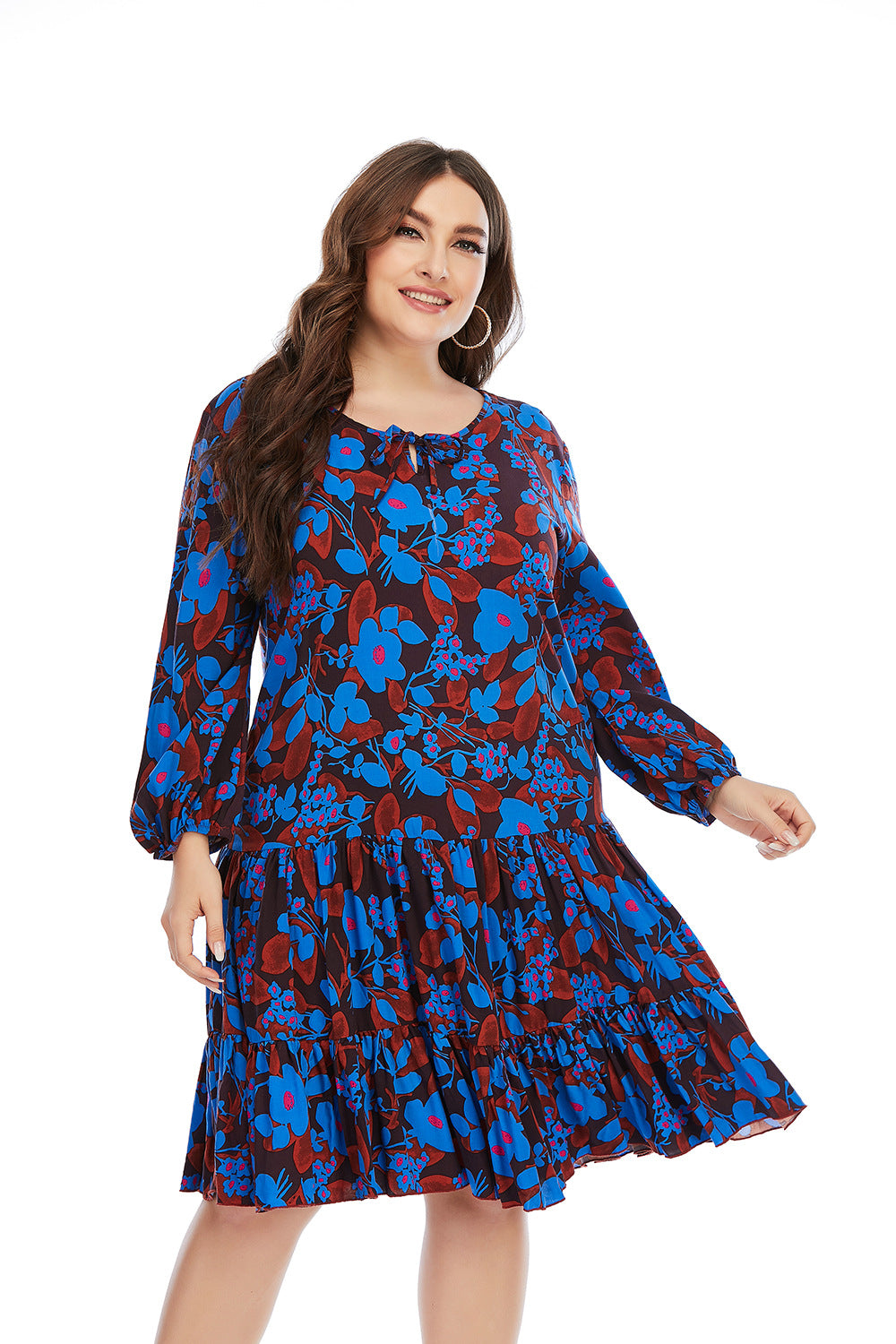 Casual Floral Swing Dress Loose Long Sleeve Dresses Wholesale Plus Size Clothing