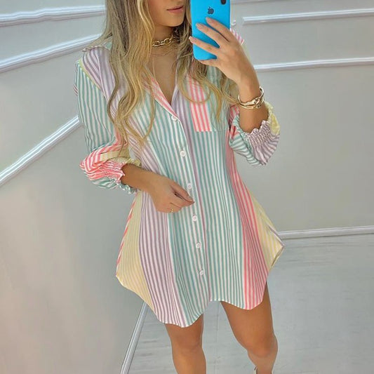 Long Sleeve V Neck Button Striped Shirt Dress Wholesale