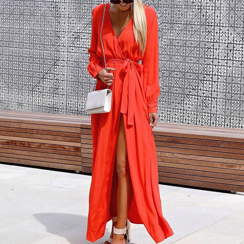Solid Color Long Sleeve Vacation Slit Dress Wholesale Maxi Dresses