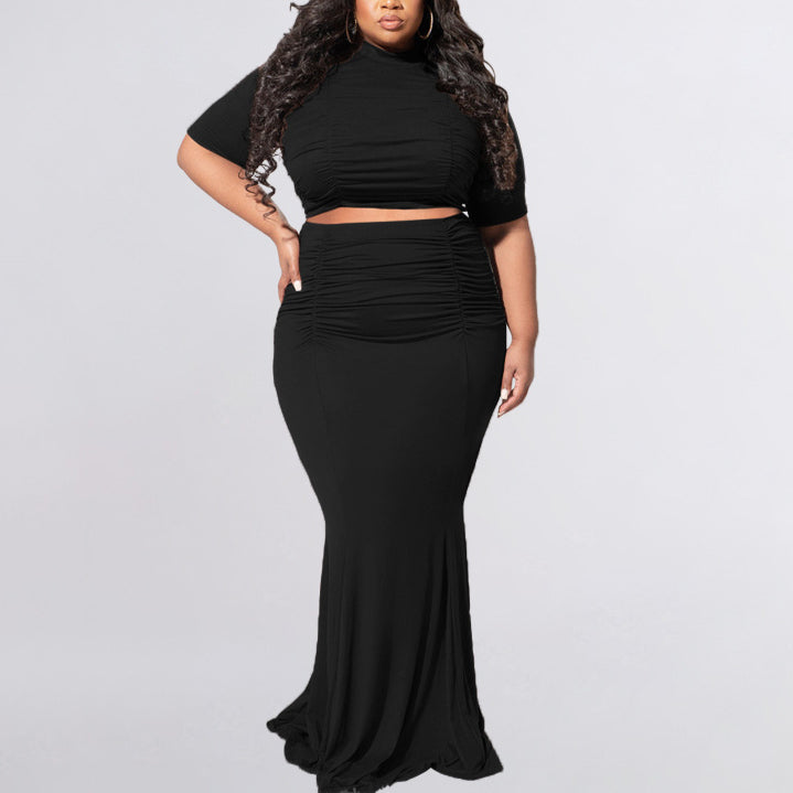 Solid Color Short-Sleeve Top & Long Skirt Wholesale Plus Size Clothing