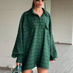Retro Green Plaid Oversize Loose Long-Sleeve Shirts Wholesale Womens Tops