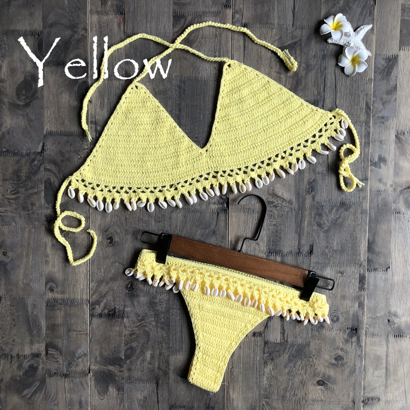 Cotton Woven Hand Crochet Sexy Womens Bikini Shell Split Swimsuit Wholesale Womens Swimwear