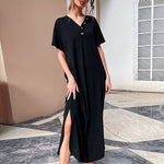 Solid Color Pullover Black Button Slit Design Loose Causal T Shirt Dress Wholesale Maxi Dresses