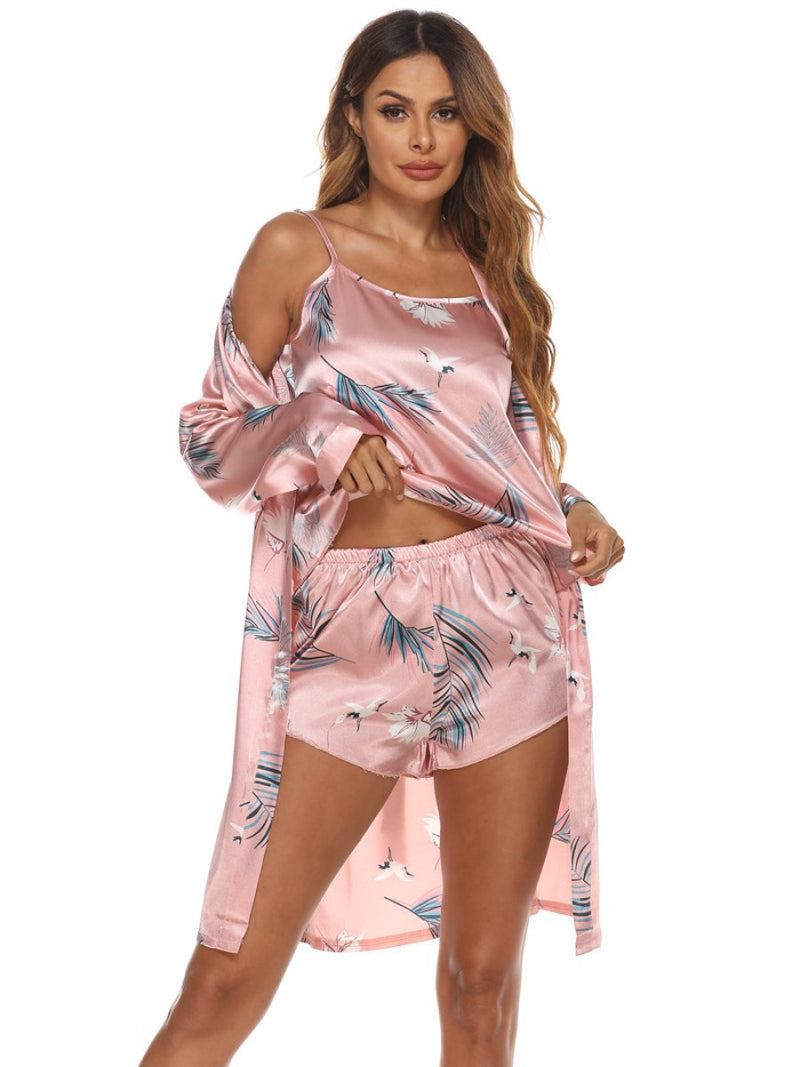 Homewear Womens Printed Sling Satin Pajamas Bathrobe Three-Piece Sets Wholesale Loungewear