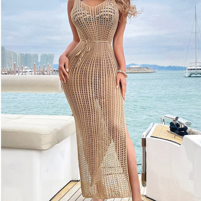 Tie Beach High Waist Knitted Sunscreen Bikini Cover Up Sexy Cutout Tank Dress Wholesale Maxi Dresses