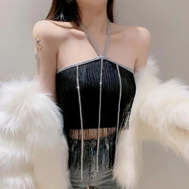 Solid Color Hanging Neck Tassel With Chest Pad Tube Top Crop Tops Wholesale Women Top