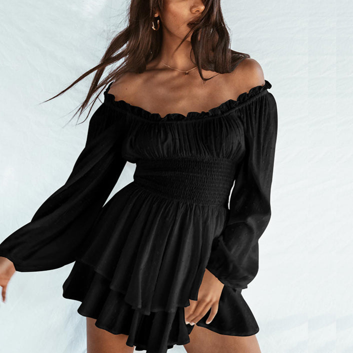 Pleated Collar Long Sleeve Ruffled Solid Color Irregular Playsuit Wholesale Women Clothing