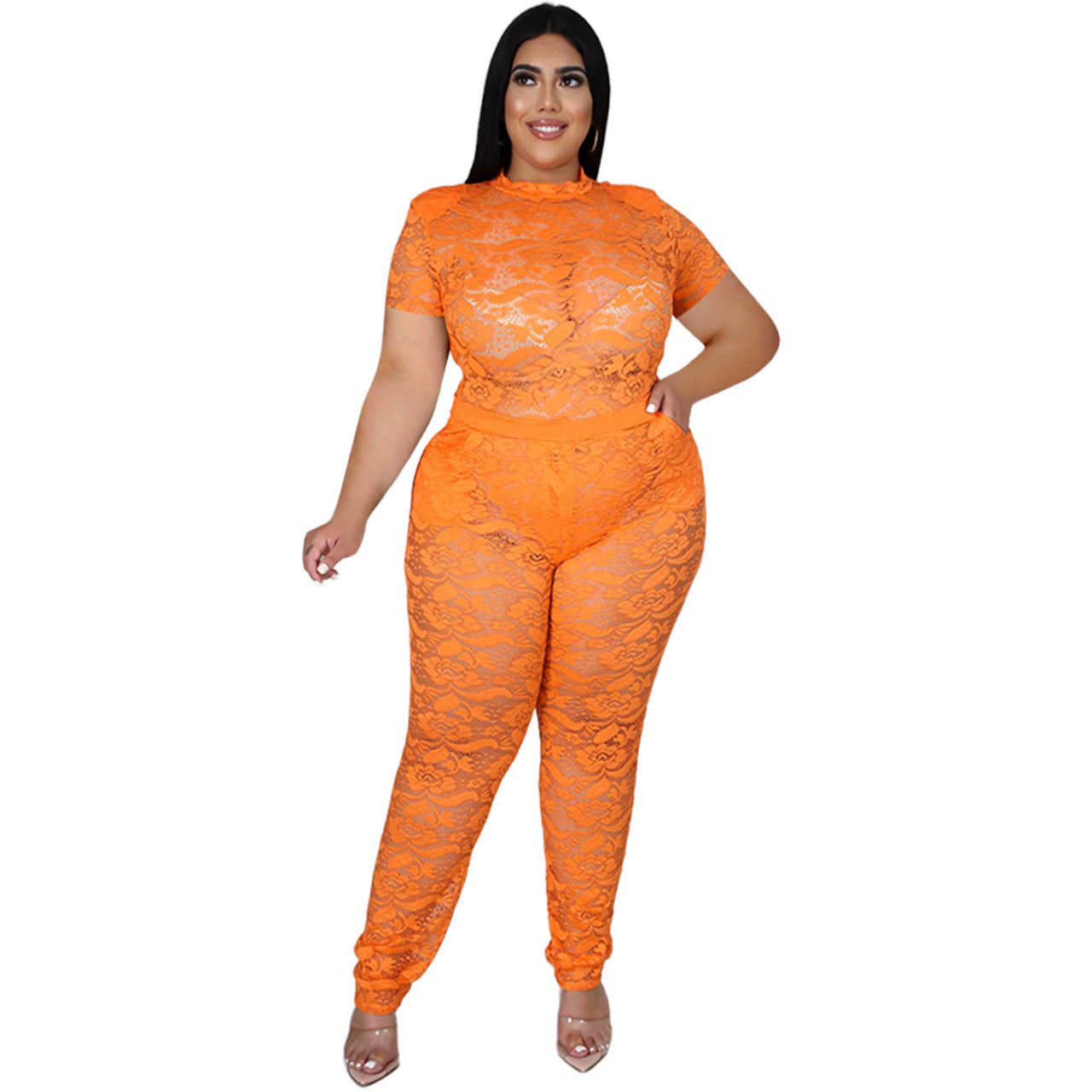 Short Sleeve Translucent Lace Sexy Curve Womens 2 Piece Sets Wholesale Plus Size Clothing