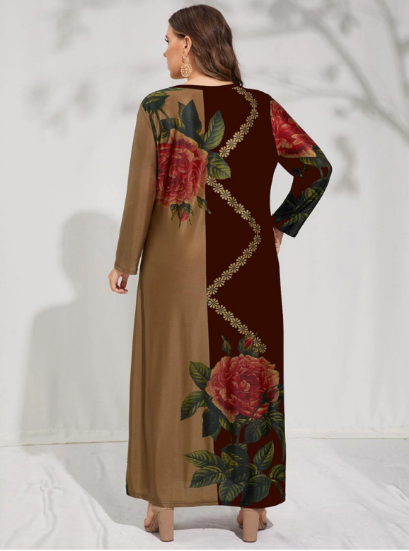 Retro Color Matching Print Maxi Dress Loose Long Sleeve Plus Size Wholesale Dresses