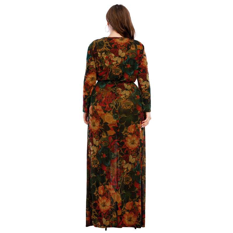 Floral Print Long Sleeve Casual Curvy Dresses Wholesale Plus Size Clothing