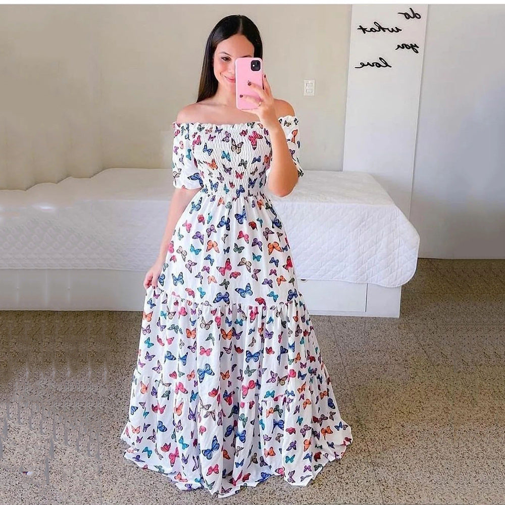 Off Shoulder Trendy Printed Ruffles Swing Smocked Dress Vacation Wholesale Maxi Dresses