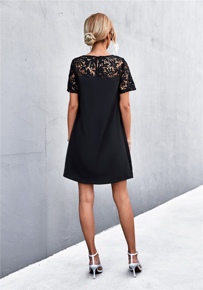 Short Sleeve Round Neck Loose Lace Stiching A-Line Dress Elegant Wholesale Dresses