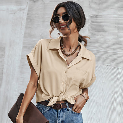 Summer Short Sleeve Solid Color Business Casual Womens Lapel Satin Shirts Wholesale Blouse