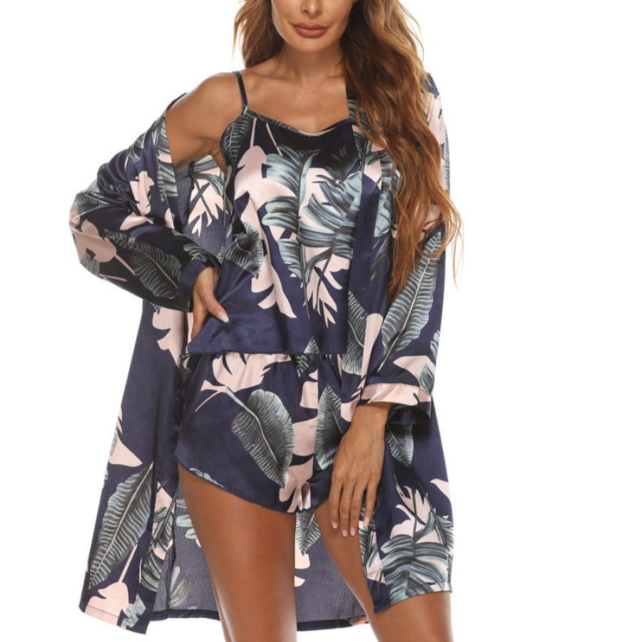 Homewear Womens Printed Sling Satin Pajamas Bathrobe Three-Piece Sets Wholesale Loungewear