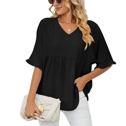 Solid Color V-Neck Loose Gathered Stitching Chiffon T-Shirts Wholesale Womens Tops