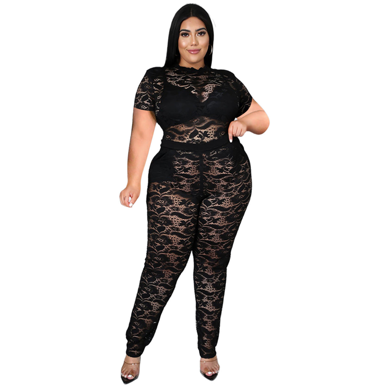 Short Sleeve Translucent Lace Sexy Curve Womens 2 Piece Sets Wholesale Plus Size Clothing