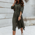 Button Solid Color Sleeve Elegant Lace-Up Business Casual Dresses Wholesale Shirtdress