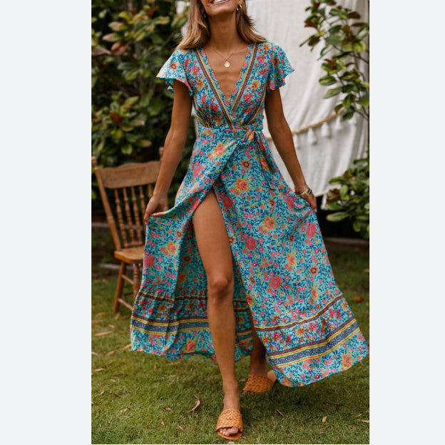 V Neck Short Sleeve Lace Up Boho Print Slit Wide Swing Maxi Dresses Casual Wholesale Bohemian Dress For Women SD531166