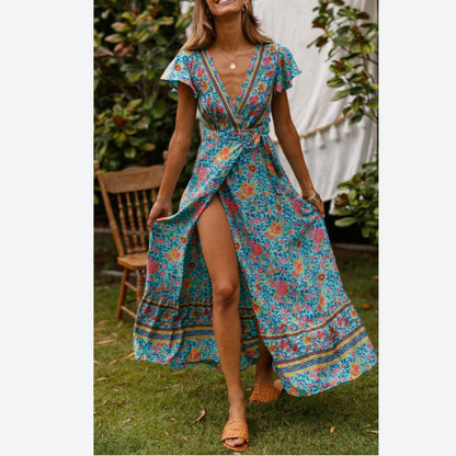 V Neck Short Sleeve Lace Up Boho Print Slit Wide Swing Maxi Dresses Casual Wholesale Bohemian Dress For Women SD531166