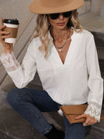 Commuter Lace V Neck Long Sleeve Drawstring Solid Color Blouses Wholesale Women Top