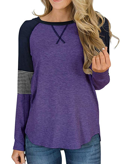 Casual Patchwork Top Loose Crew Neck Wholesale Womens Long Sleeve T Shirts