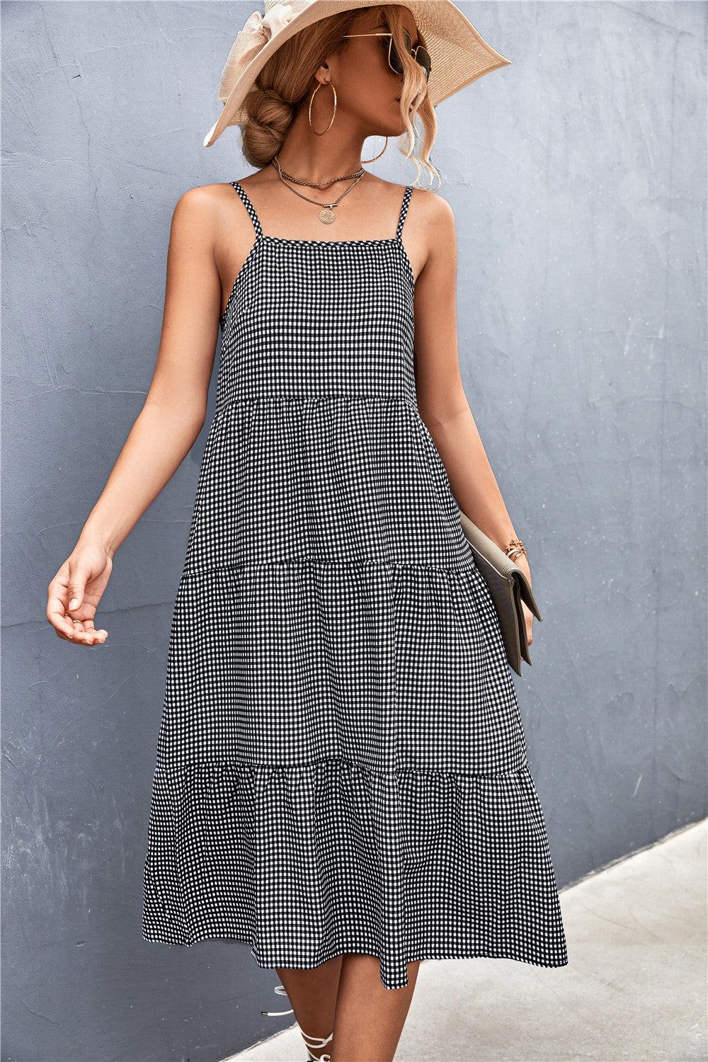 Plaid Sling Smocked Midi Dress Casual Vacation Wholesale Dresses