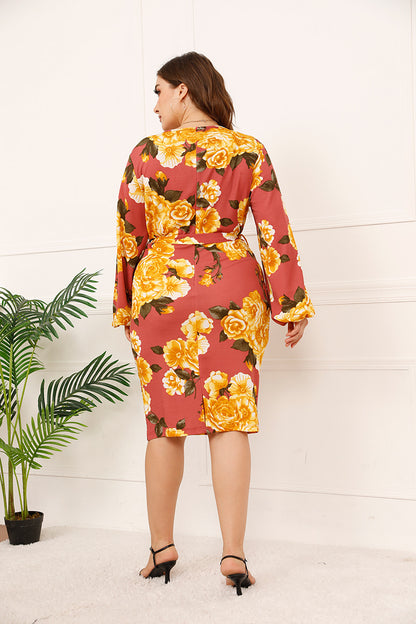 Floral Print Long Sleeve V Neck Tie Waist Wholesale Plus Size Dresses