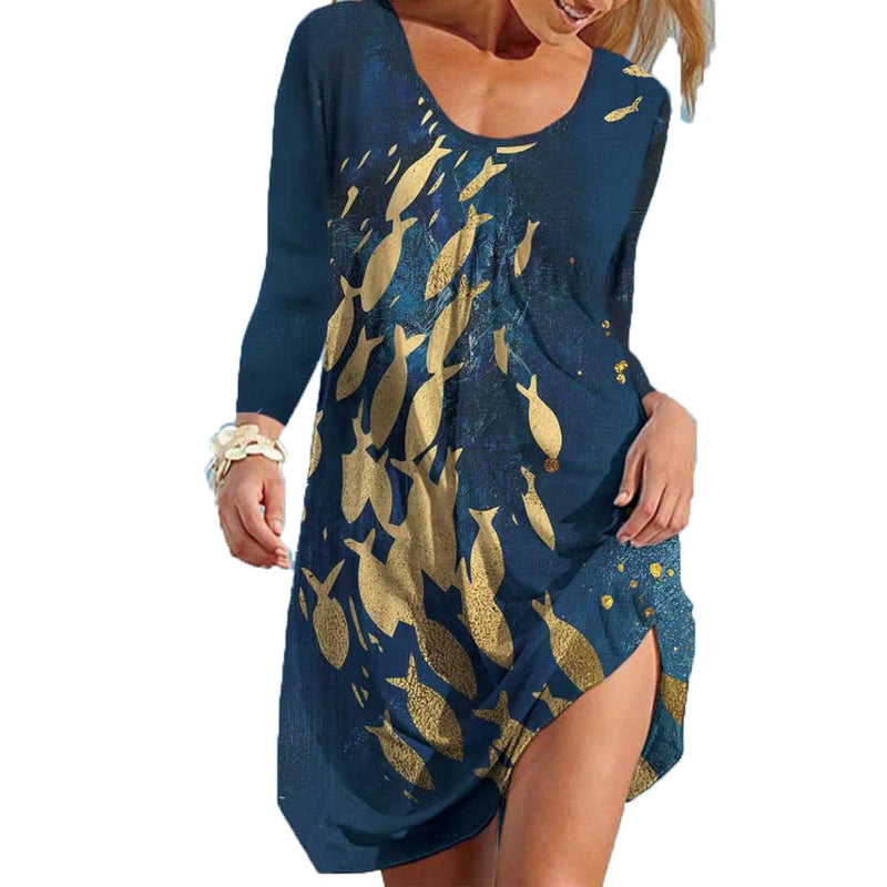 Floral Print Long Sleeve Round Neck Wholesale Casual Dresses
