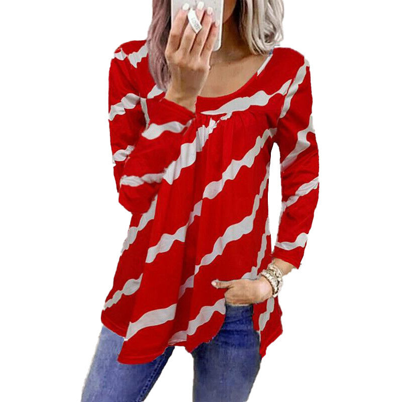 Loose Striped Print Long Sleeve T-Shirt Women'S Top Casual Wholesale Blouse