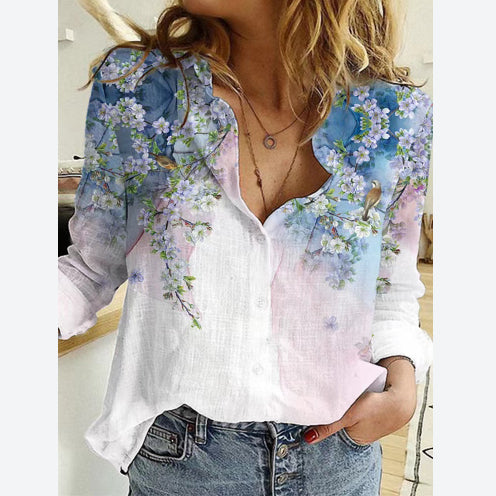 Floral Print Turn Down Collar Long Sleeve Wholesale Shirts