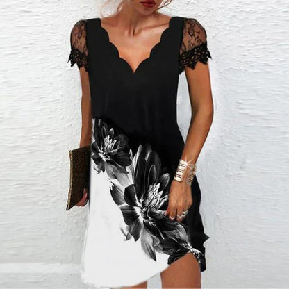 Sexy V-Neck Printed Dress Short Sleeve Lace Wavy Wholesale Dresses