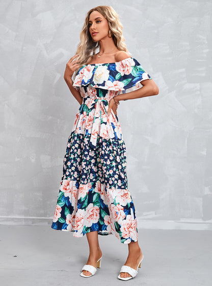 Off Shoulder Floral Print Ruffled Lapel Tie-Up Waist Swing Resort Dress Wholesale Dresses