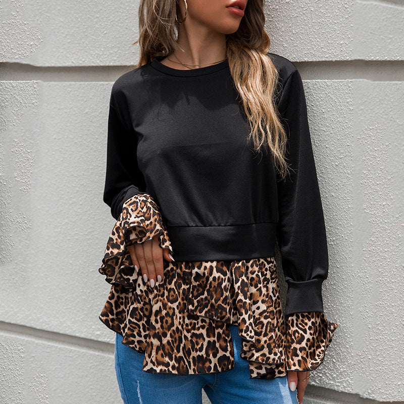 Fashion Leopard Print Hem Long Sleeve T-Shirt Wholesale Women Blouse