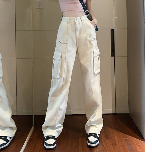 Retro Loose High-Waisted Wide-Legged Multi-Pocket Denim Cargo Pants Wholesale Jeans