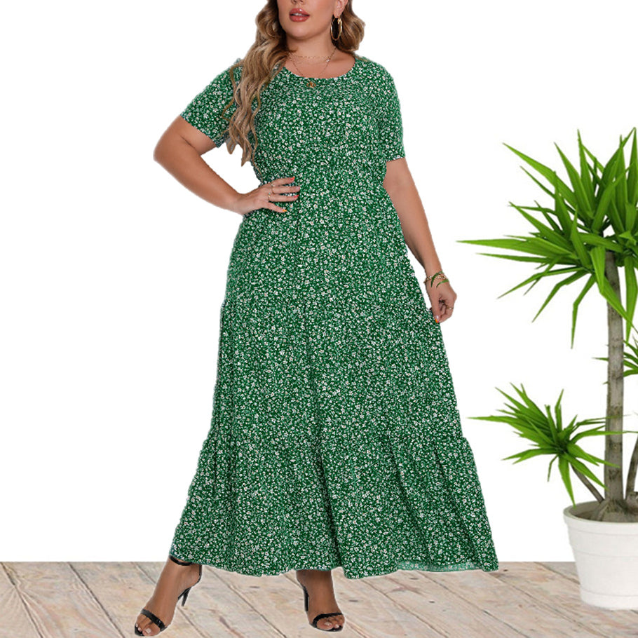 Casual Print Crew Neck Dress Short Sleeve Maxi Swing Dress Wholesale Plus Size Clothing