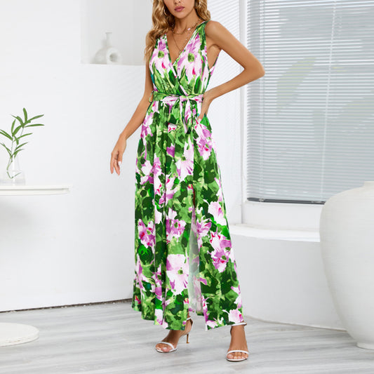 Bohemian Print Sleeveless Tie-Up Slit Tank Dress Wholesale Dresses