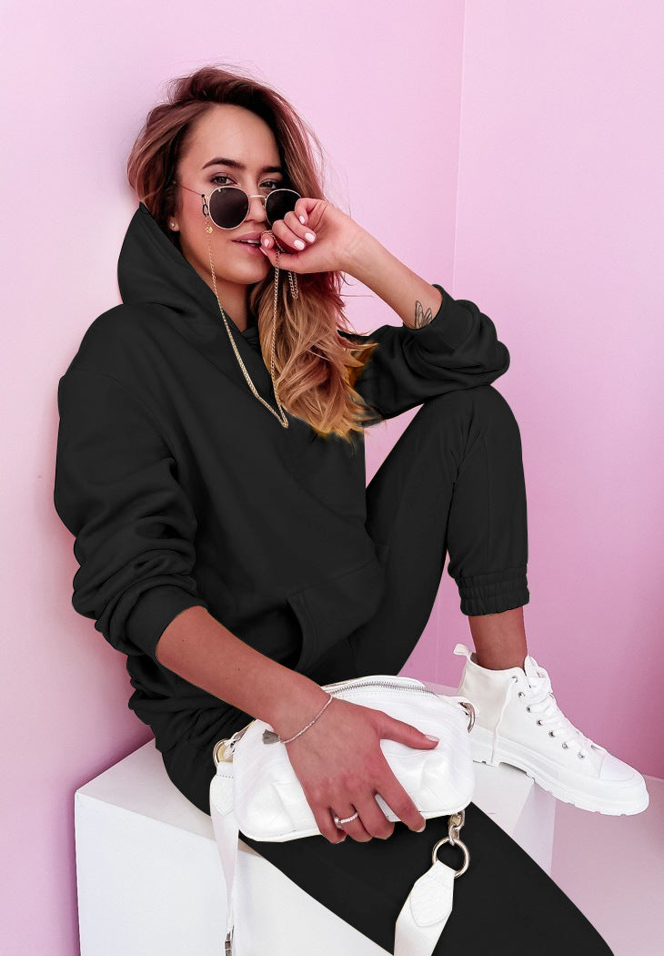 Casual Thick Solid Color Hooded Sports Sweatshirt Suit Wholesale Women Clothing
