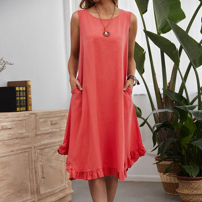 Loose Sleeveless Solid Color Cotton Linen Tank Dress With Pocket Wholesale Dresses