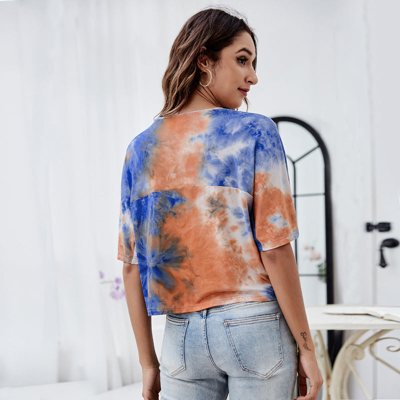 Women Fashion Tie Dye Casual Loose Half Sleeve Wholesale T-shirts Tops Summer