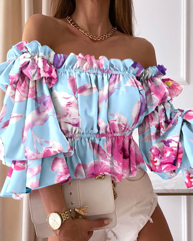 Fashion Off Shoulder Printed Sexy Ruffles Waist Elastic Shirts Wholesale Crop Tops ST531871