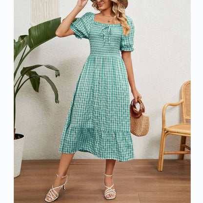 Short Sleeve Square Neck Plaid Flowy Dress Wholesale Maxi Dresses