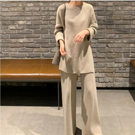 Solid Color Knitted Loose Sweater & Wide Leg Pants Loungewear Wholesale Womens 2 Piece Sets