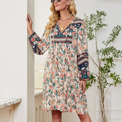 Printed Long Sleeve Loose Boho Dresses Wholesale Bohemian Dress For Women