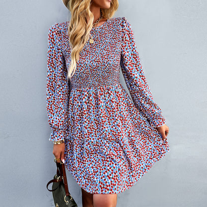 Casual Print Long Sleeve Round Neck A-Line Dress Wholesale Dresses