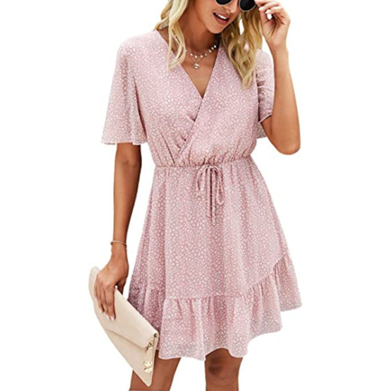 Dot Print Short Sleeve Ruffles V Neck Lace-Up Chiffon Short Flowy Swing Dress Casual Wholesale Dresses