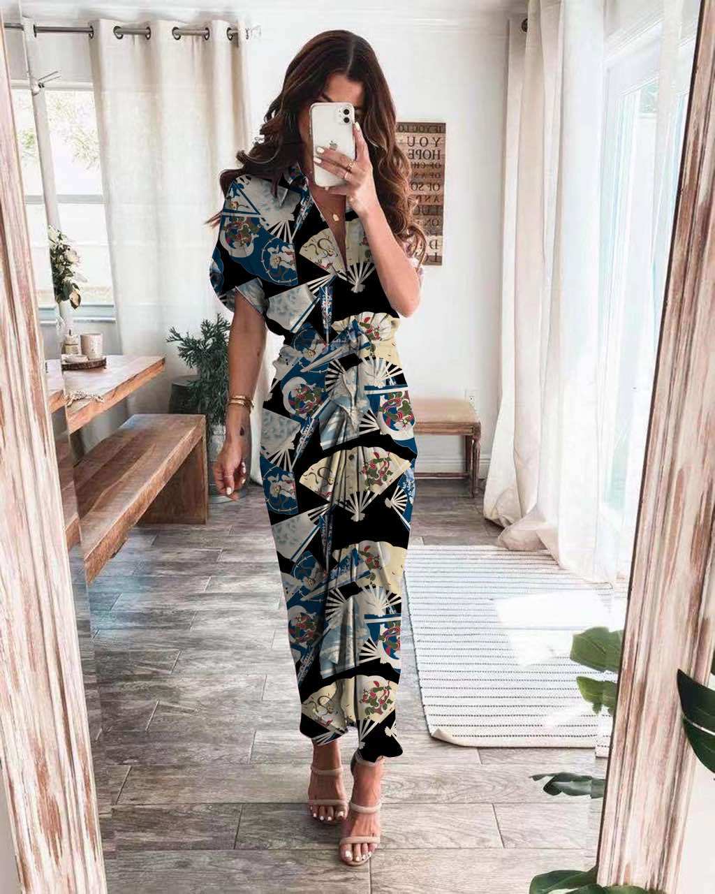 Fashion Printed Short Sleeve Single-Breasted Lace-Up Pleated Shirtdress Casual Wholesale Shirt Dresses